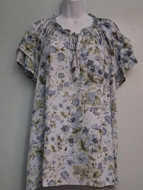 Rose & Olive Floral Tie-Neck Peasant Top - White, Blue, Green
